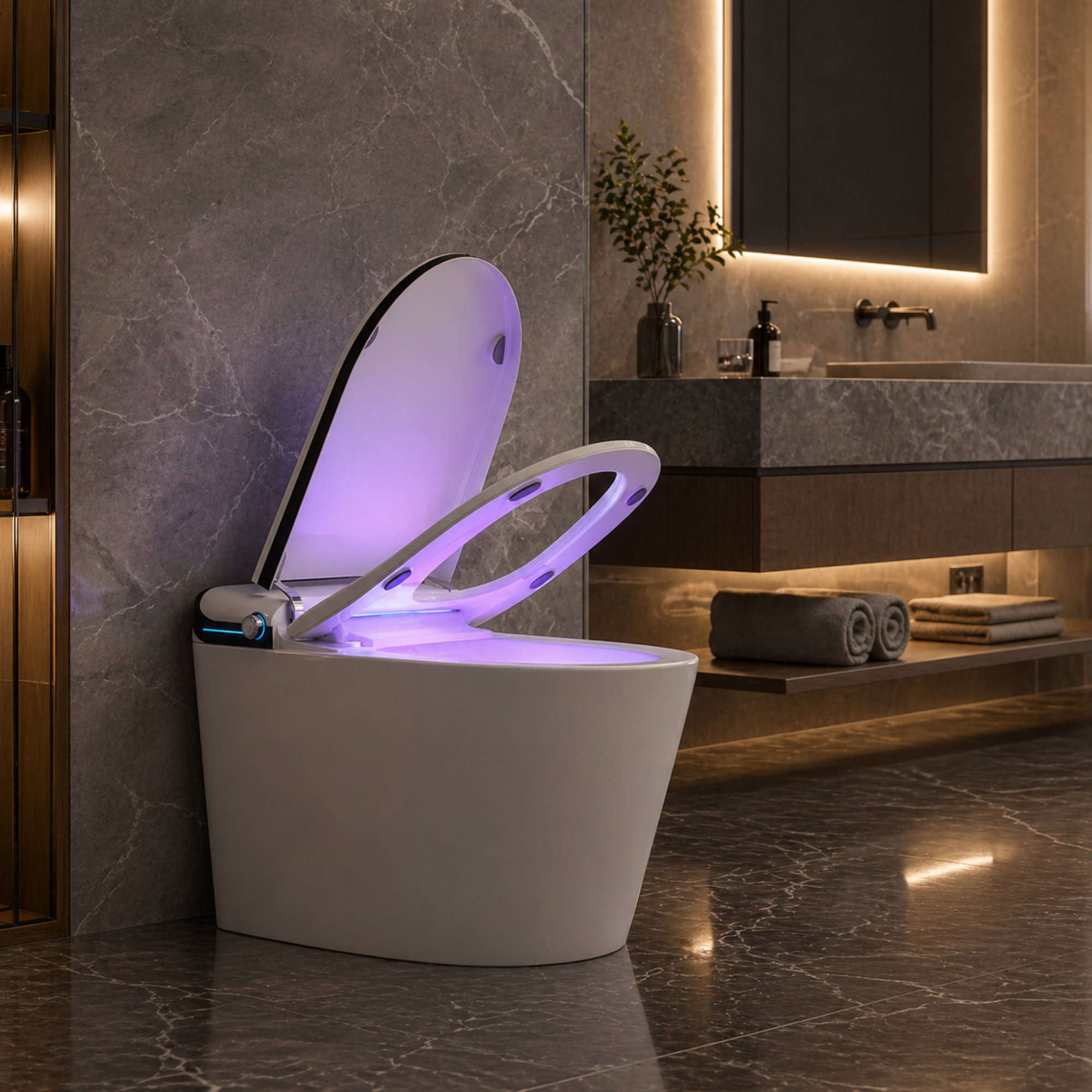 Modern toilet with illuminated seat in a bathroom setting