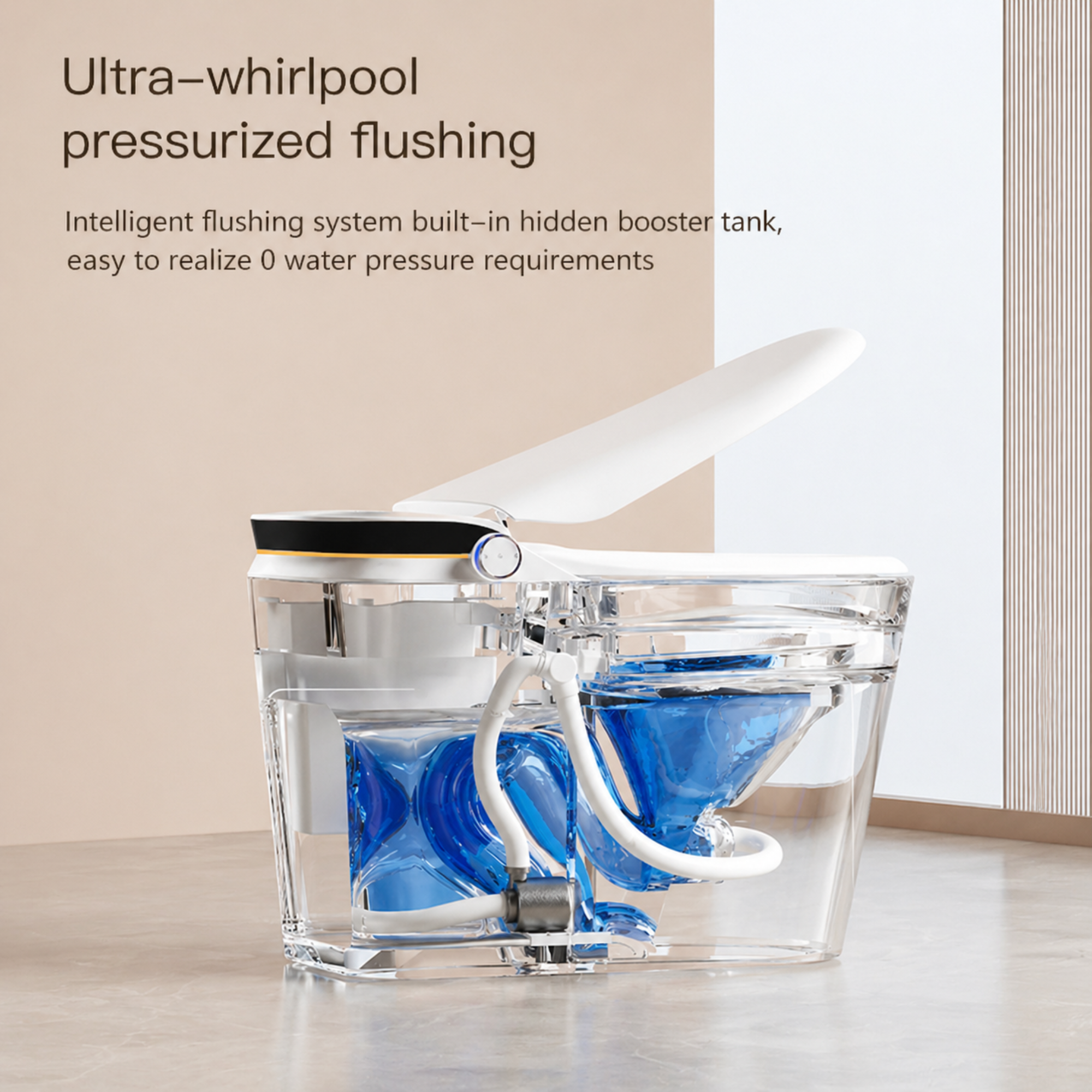 Ultra-whirlpool pressurized flushing system with clear tank and blue interior of aplohome smart toilet on a light background