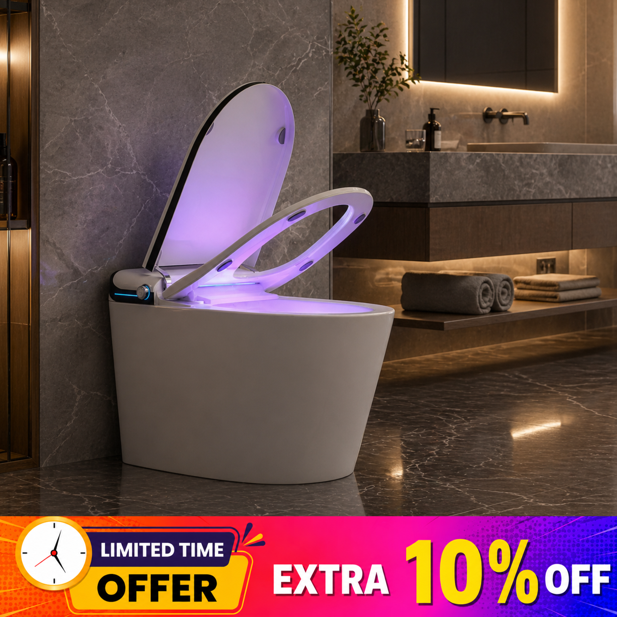 Smart Toilet with Built-In Bidet, Auto Open/Close Lid, Heated Seat, Foot Sensor Auto Flush, Foam Shield, 1000g MaP Flush & Blackout Flush Backup, One-Piece Tank Built-In Toilet
