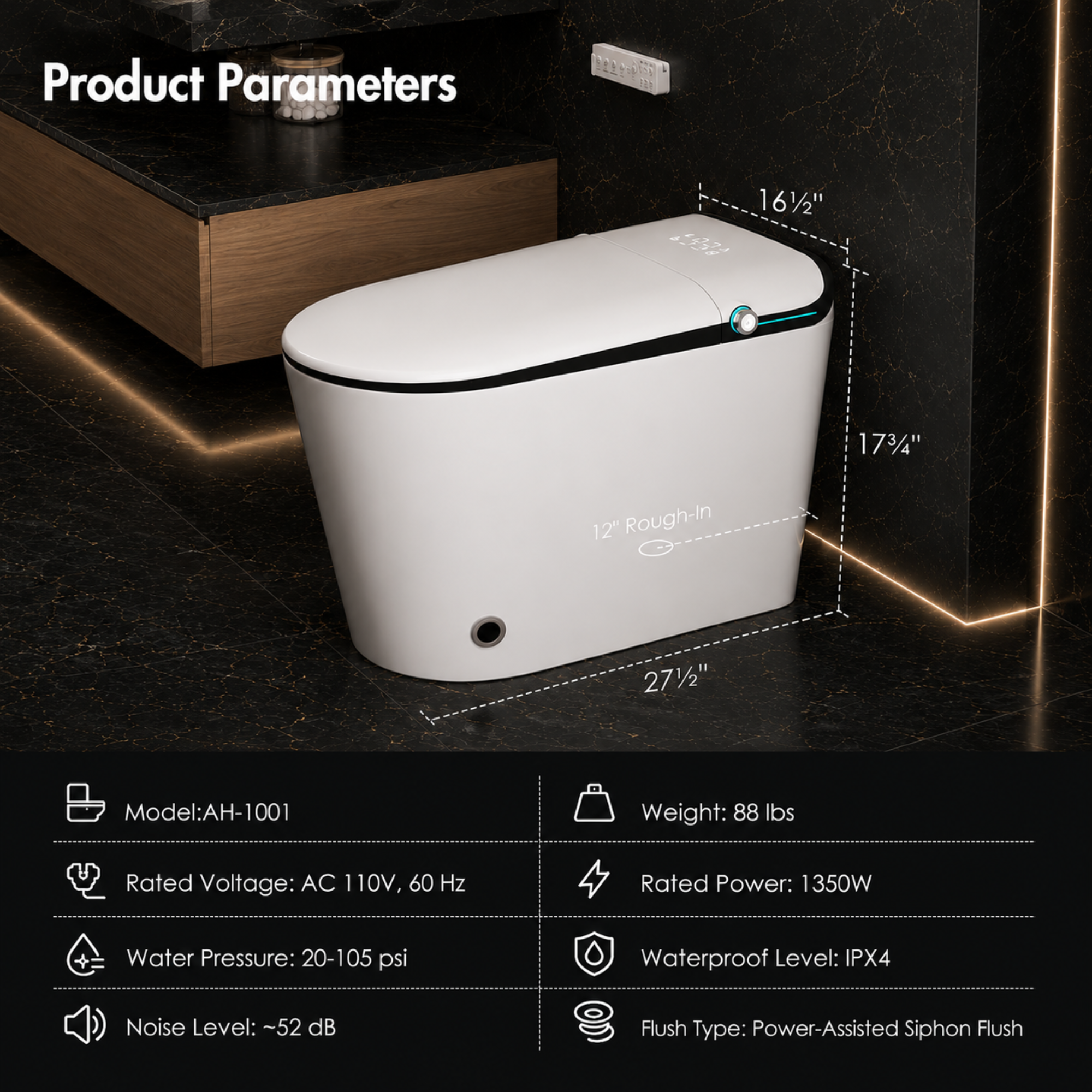 White smart toilet tank with dimensions and product parameters on a dark background