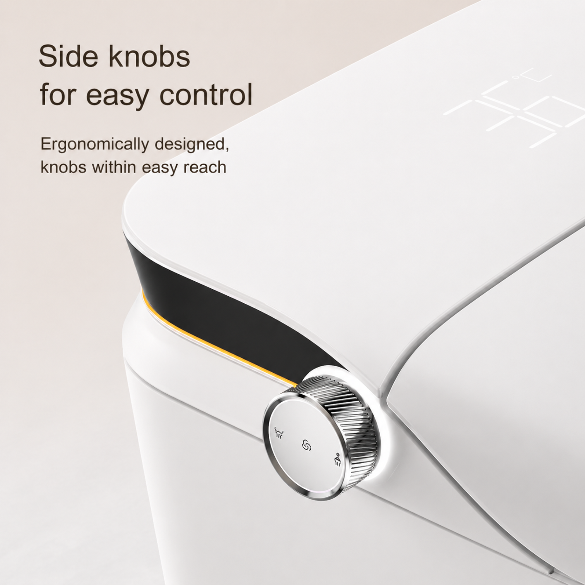 Side knob on a white automatic smart toilet with text about easy control.