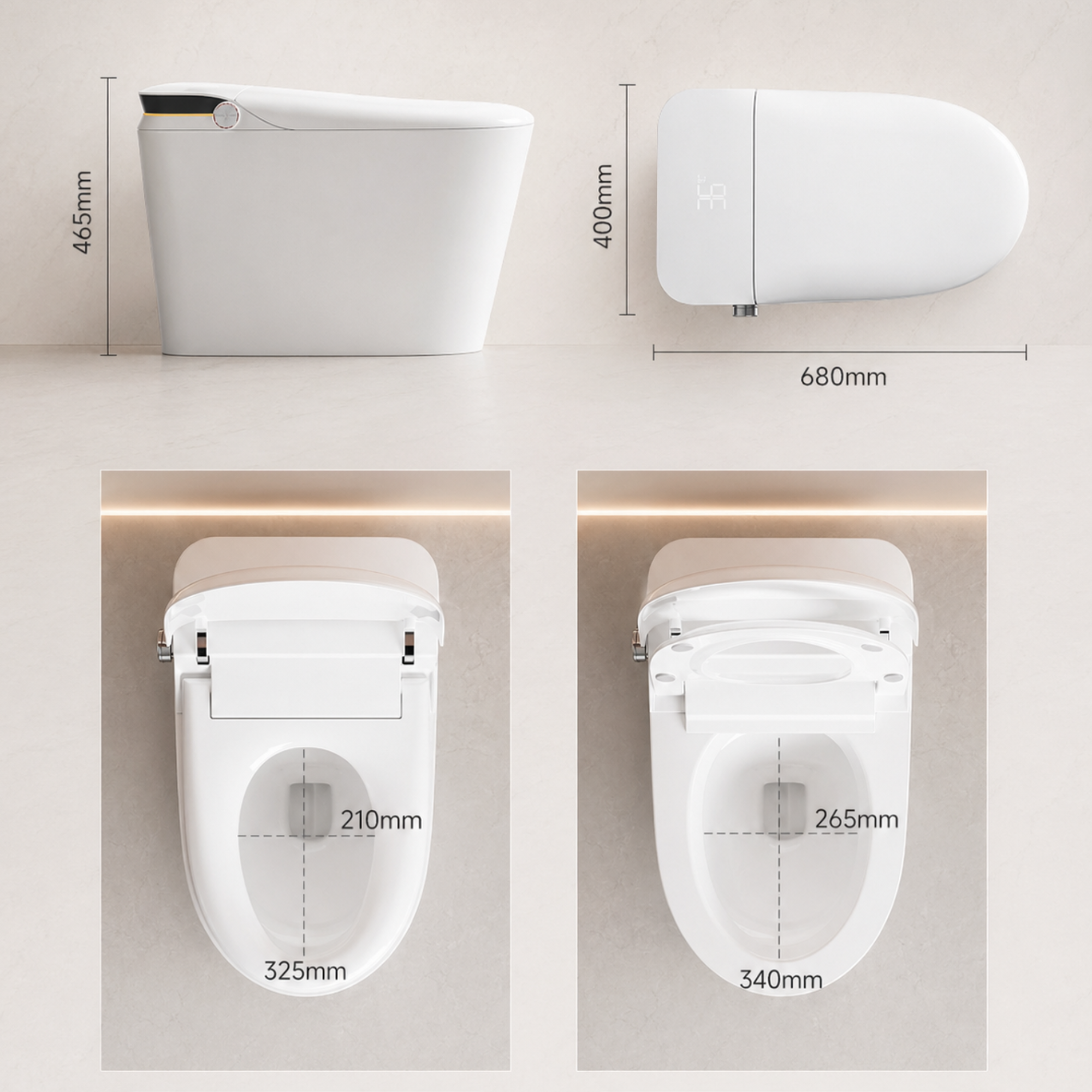 Measurement chart of a toilet and its components on a neutral background