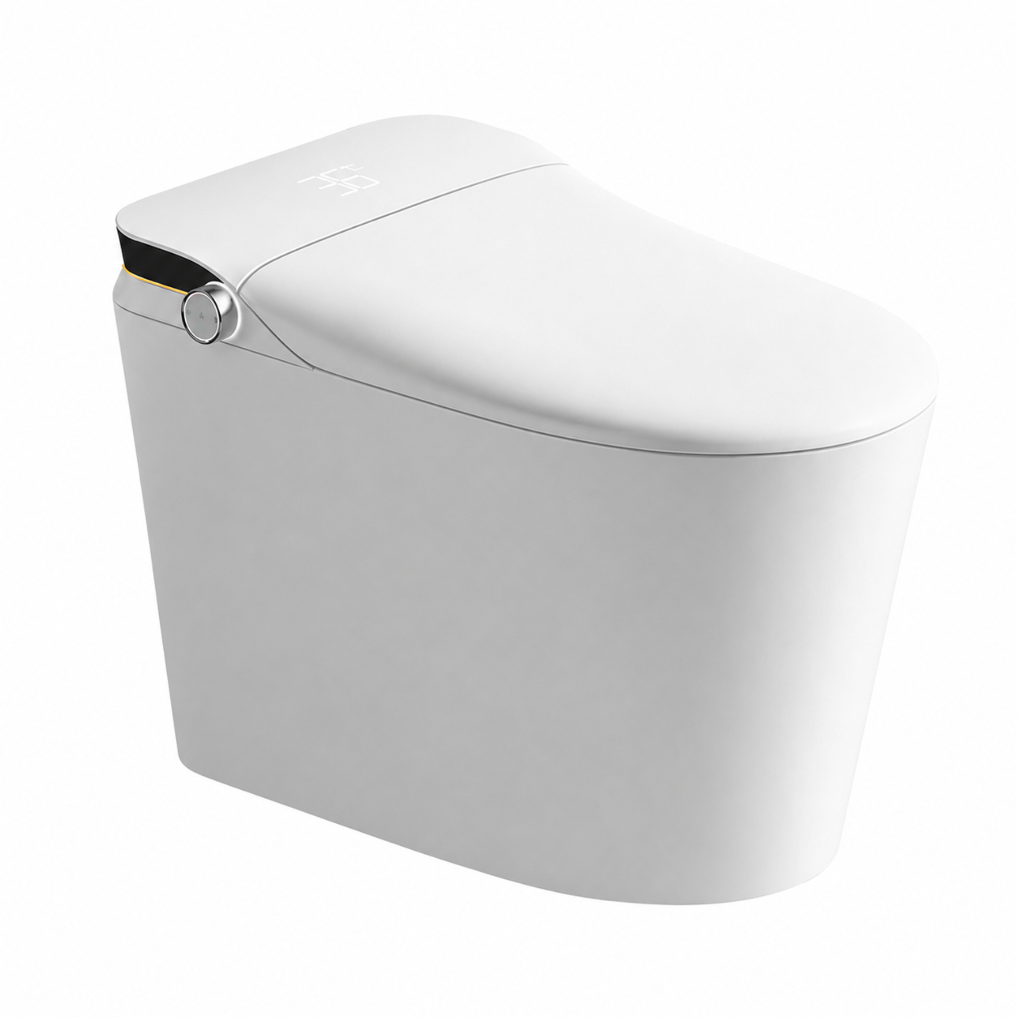 White smart tankless toilet with a cover on a white background