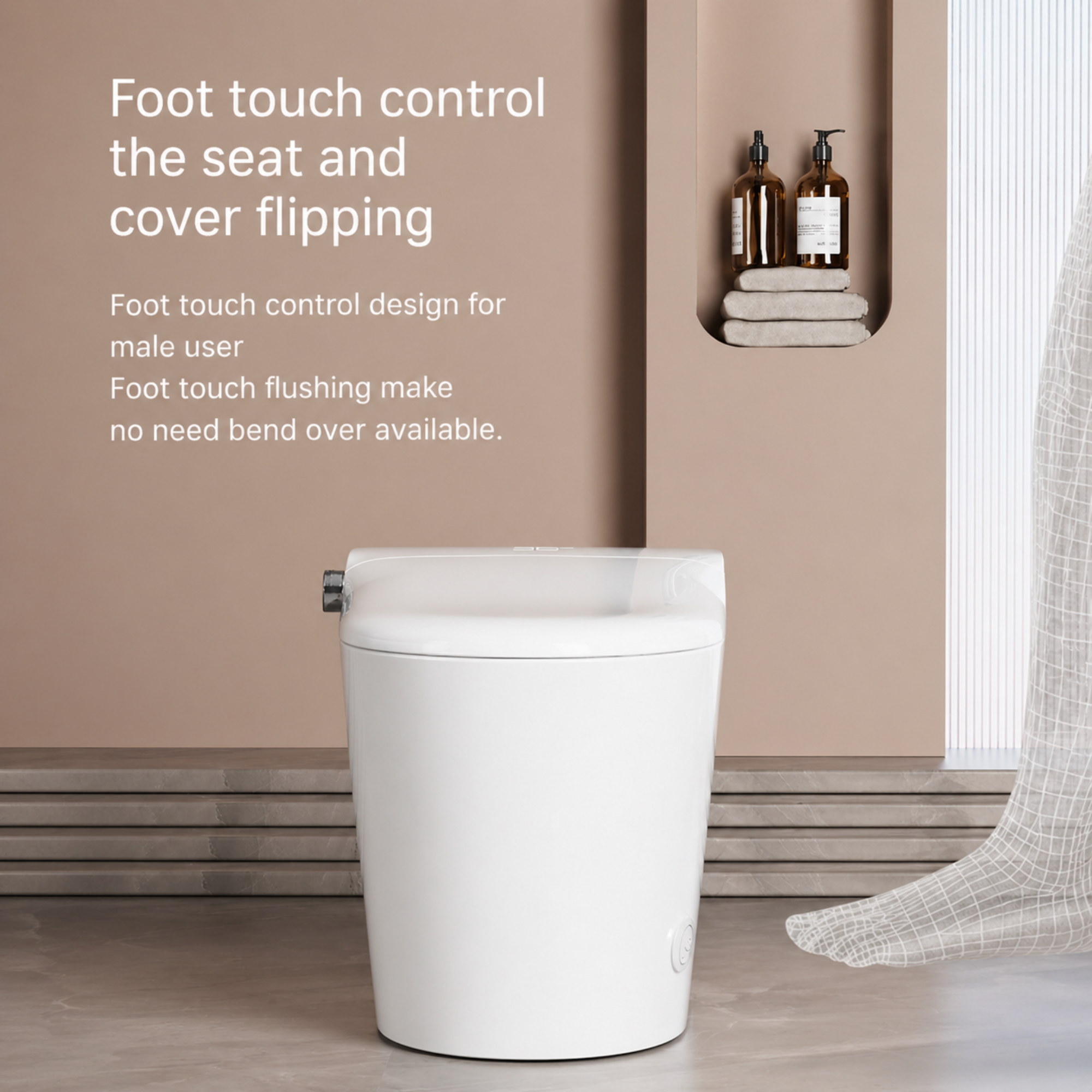White toilet with foot touch control feature in a bathroom setting
