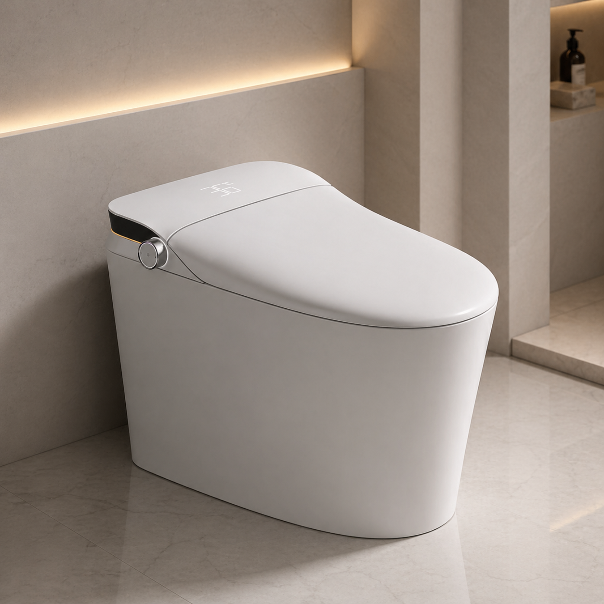 Modern white toilet with a lid in a bathroom setting