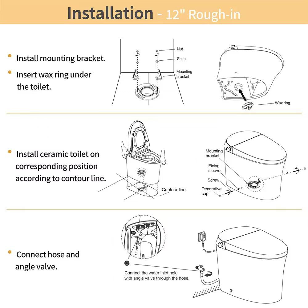 Step-by-step installation guide for a toilet with illustrations and text.