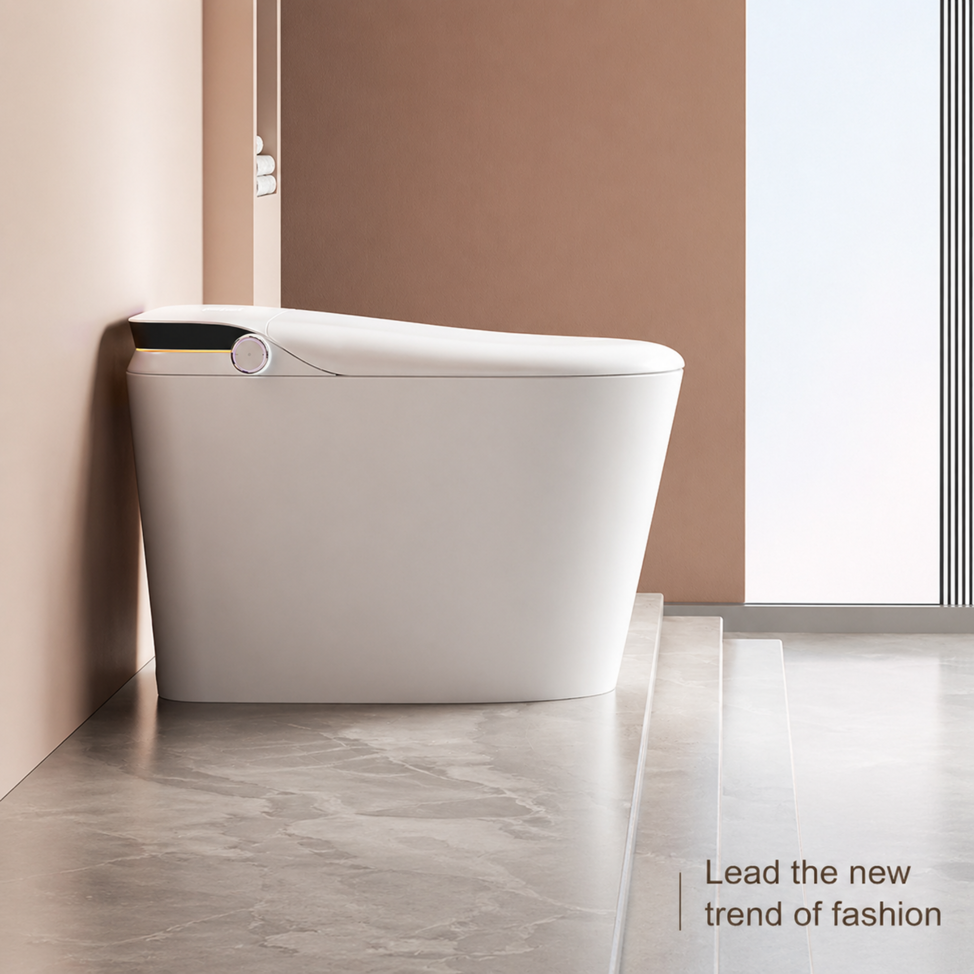 Modern freestanding smart toilet in a bathroom setting with neutral colors.