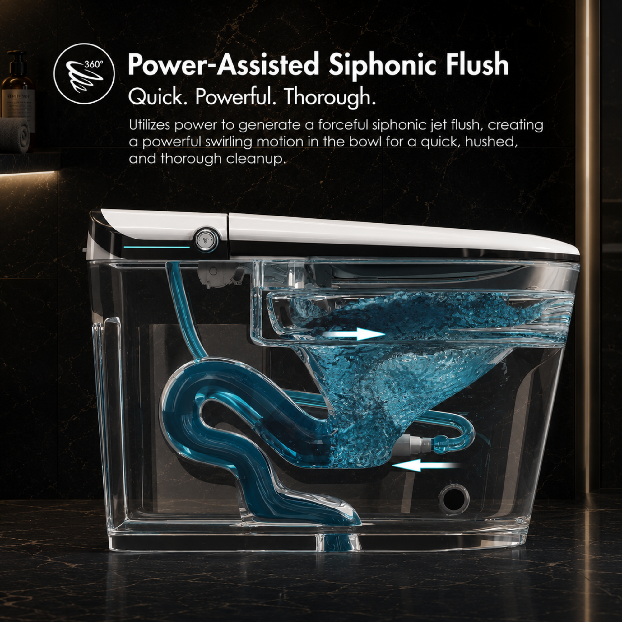 Transparent cross-section view of the powerful siphonic jet flush mechanism and water swirling motion inside the toilet bowl.