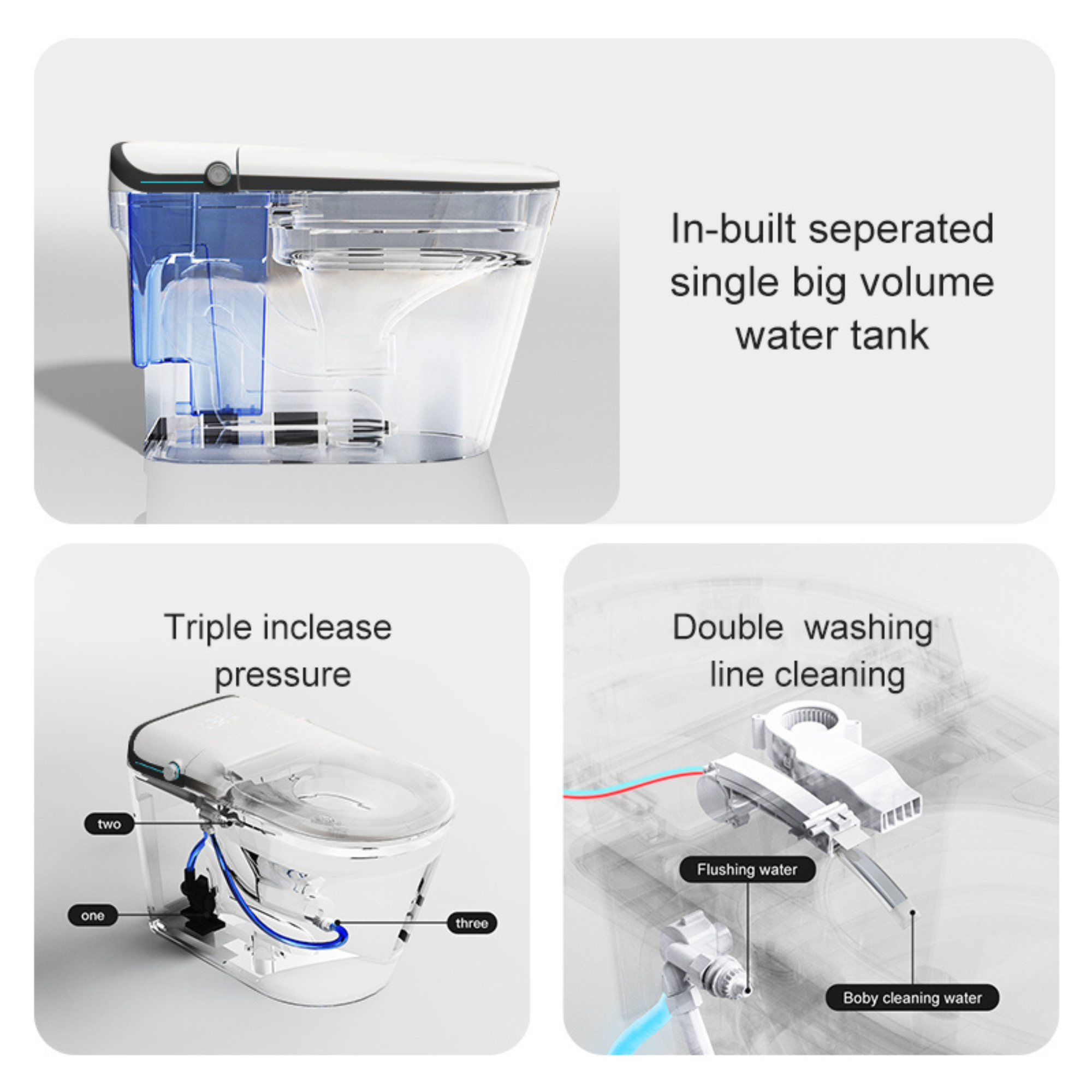 Diagram of a toilet with water tank and cleaning system features on a white background