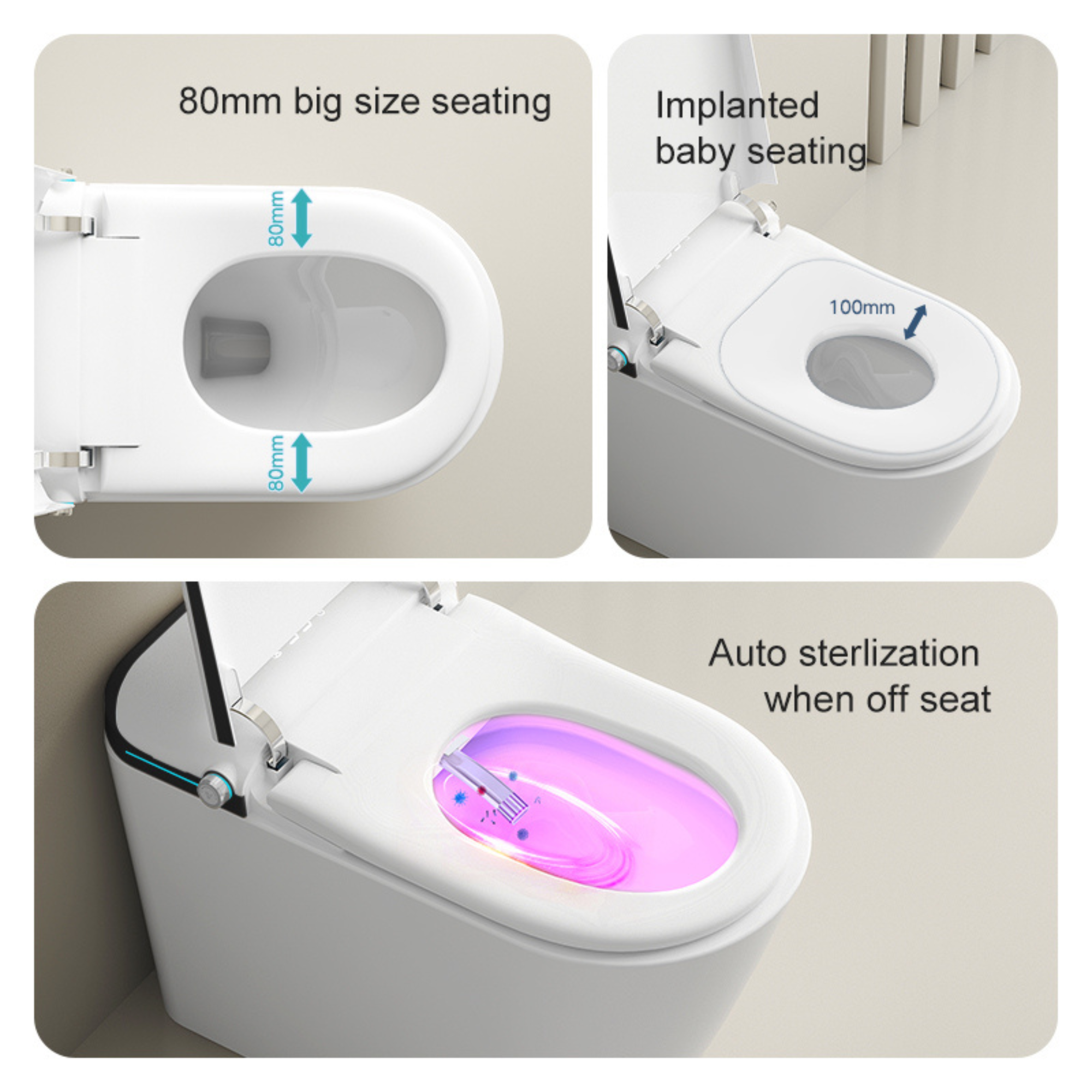 Collage of a toilet seat with features highlighted on a beige background at aplohome.com