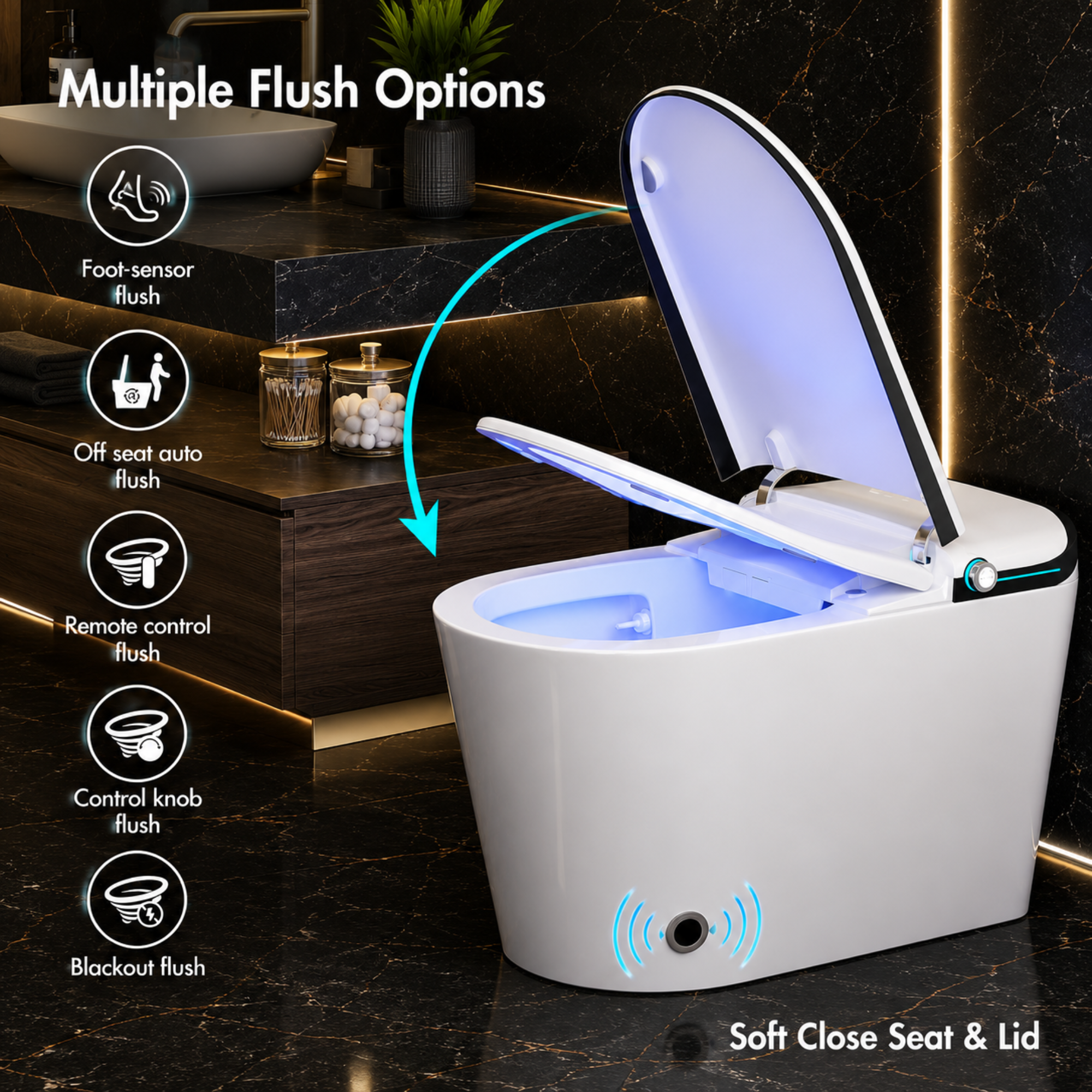 Smart toilet with multiple flush options in a bathroom setting
