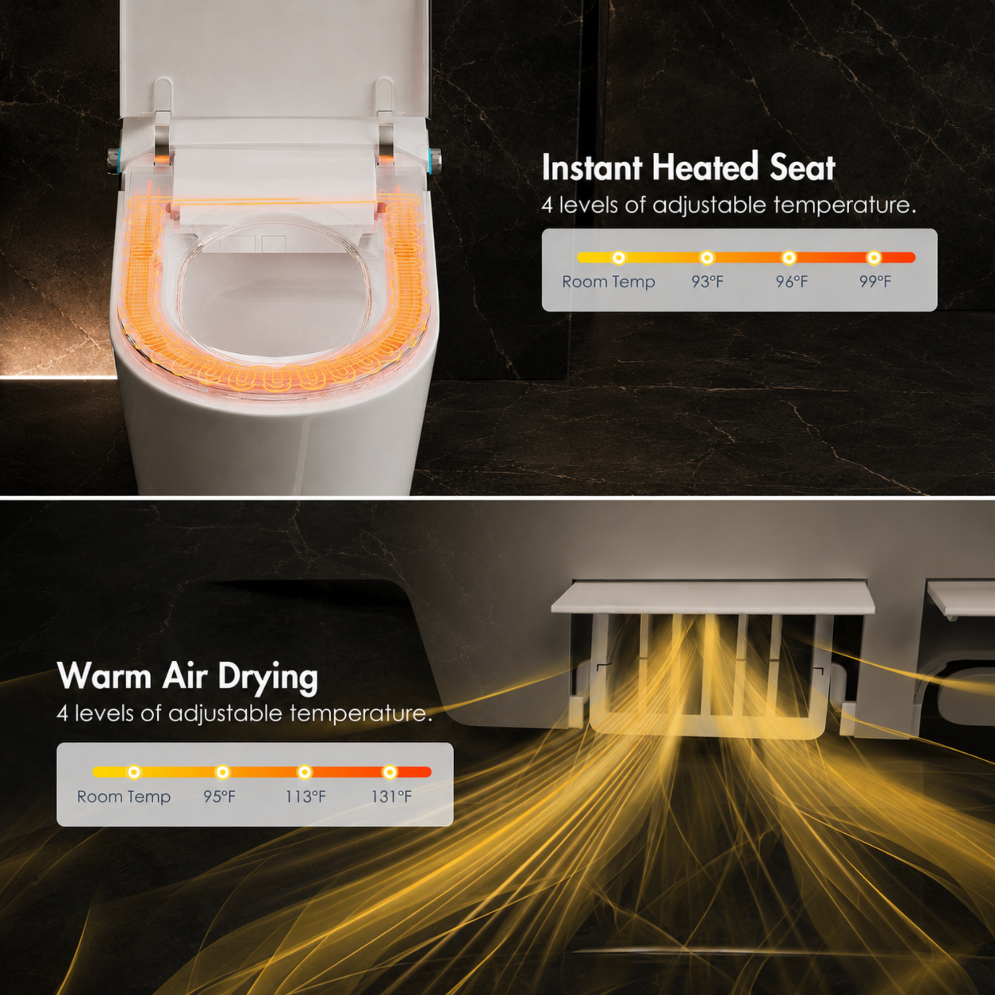 Toilet seat with heated seat and air drying features on a dark marble background