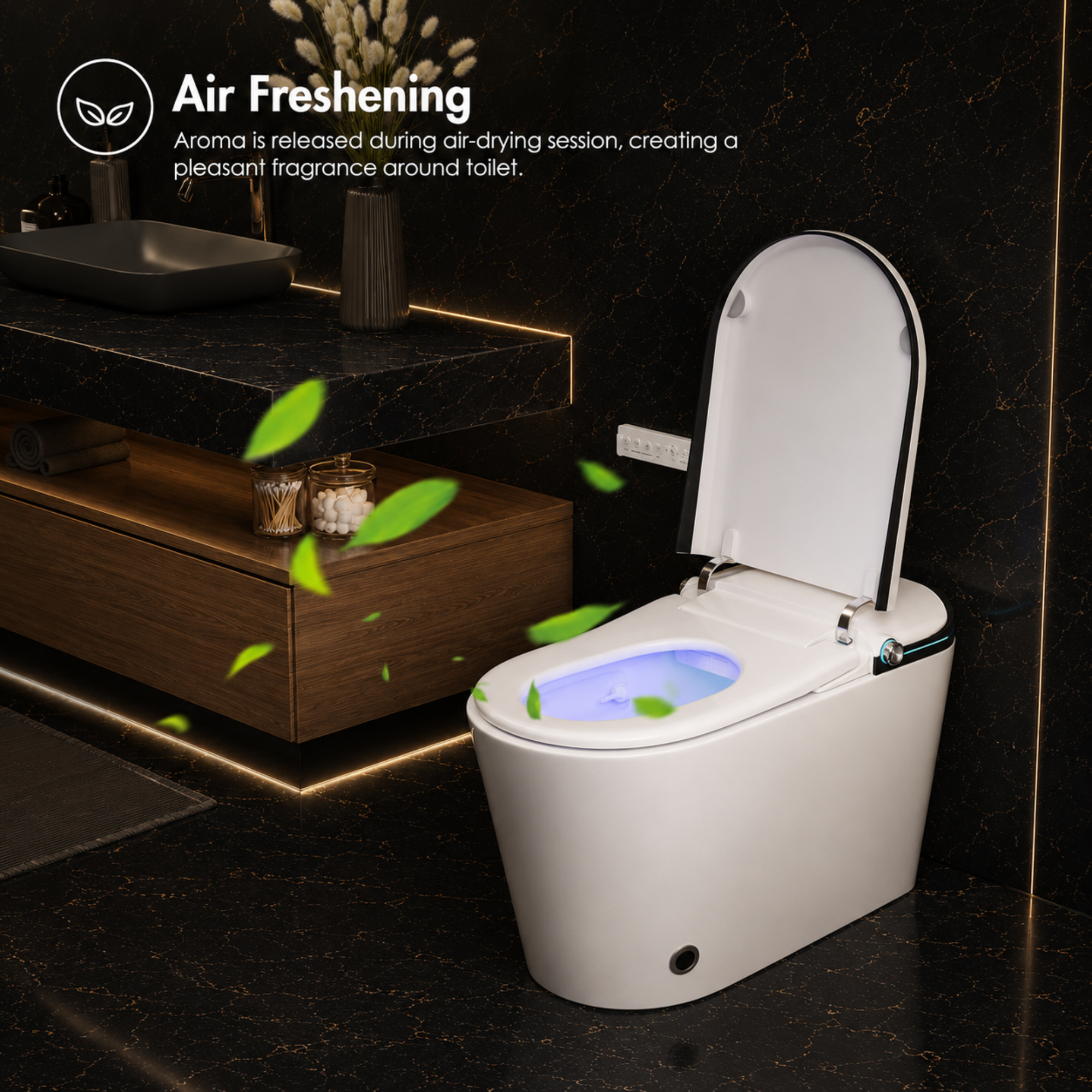 Modern smart toilet with air freshening feature in a bathroom setting
