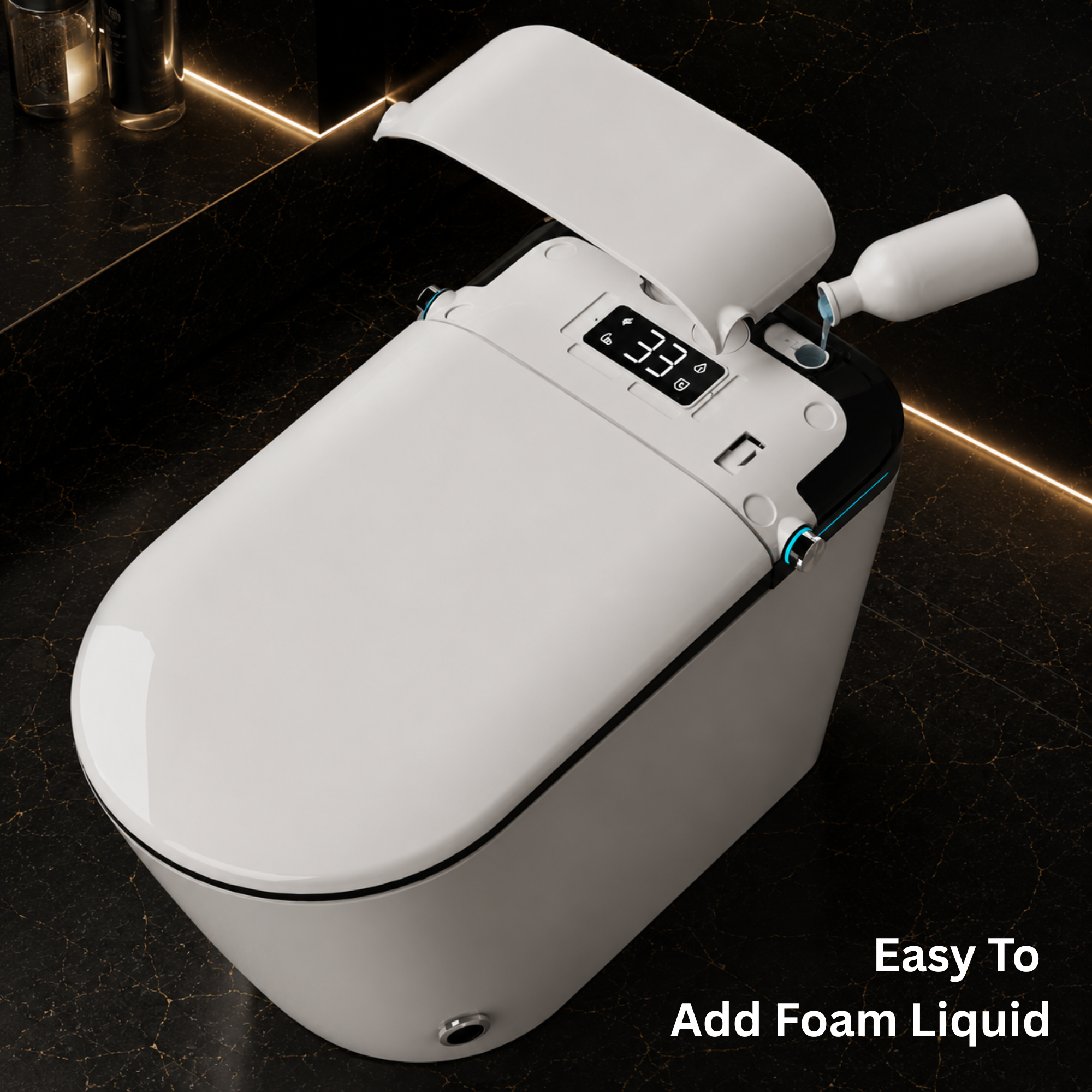 Modern smart toilet with digital display on a dark bathroom floor
