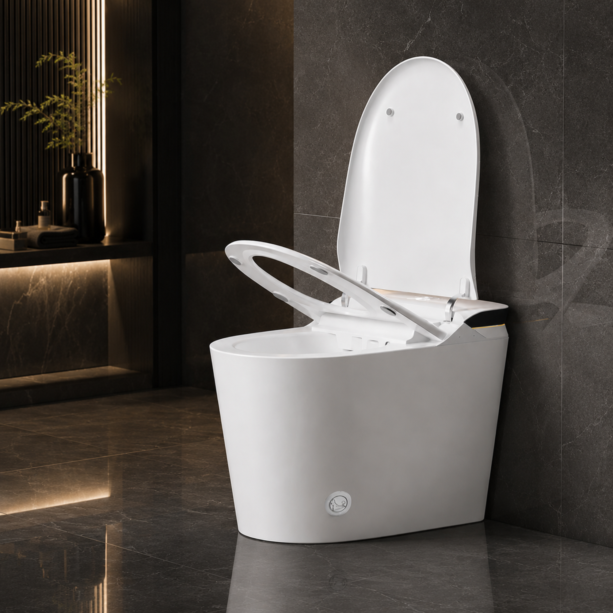 Modern white toilet with open lid in a dark bathroom setting