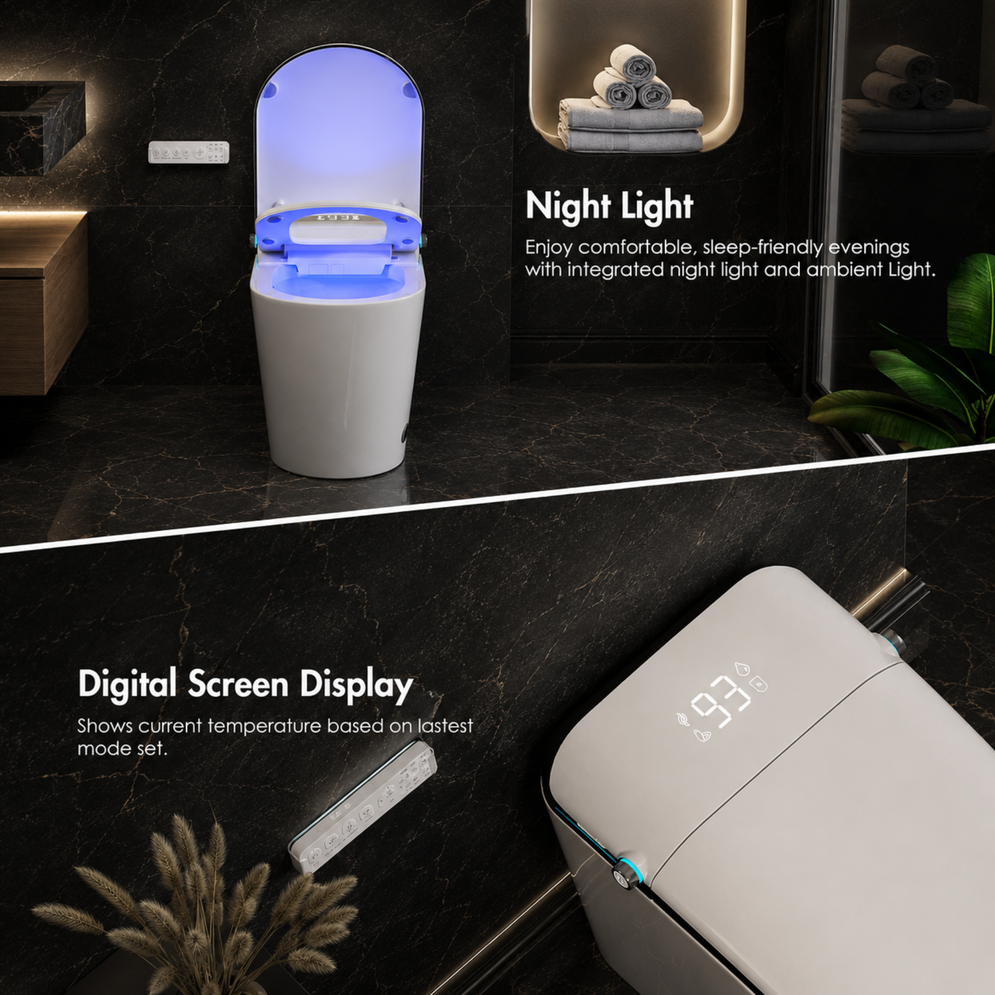 Smart toilet with night light and digital display in a bathroom setting