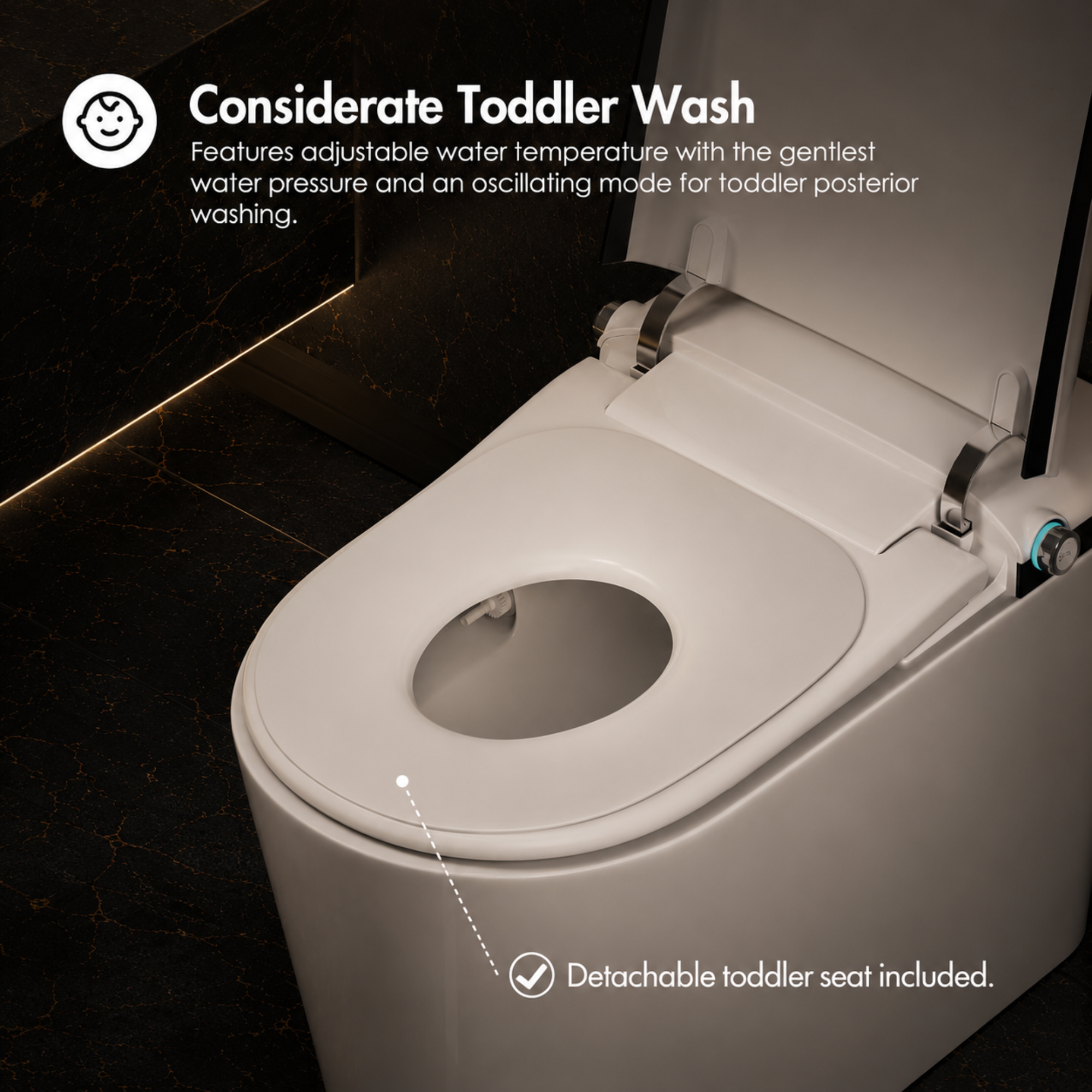 Toilet with detachable toddler seat in a bathroom setting, featuring adjustable water temperature and oscillating mode for toddler washing.