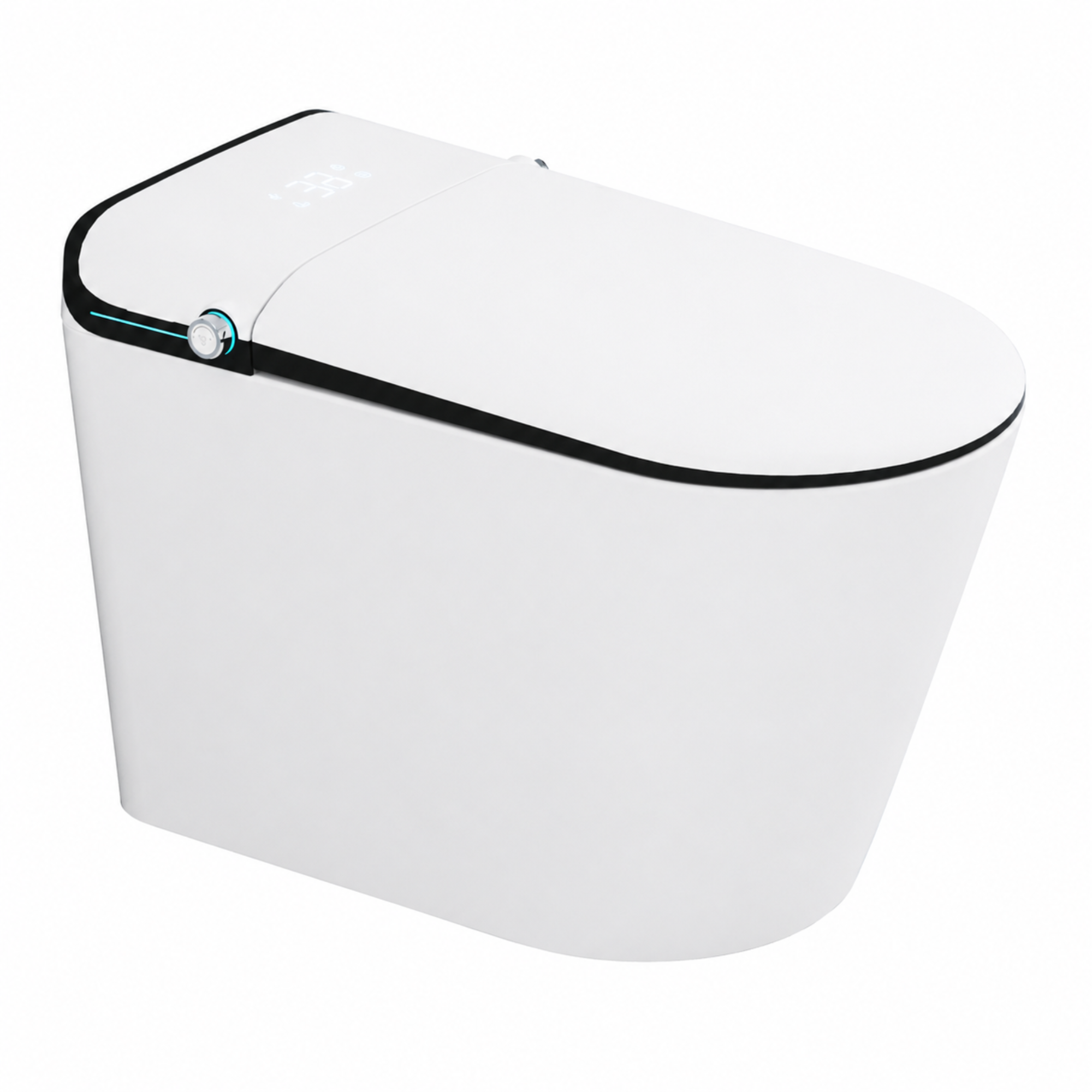 White aplohome smart toilet with a knob for two-direction control function and black rim on a white background