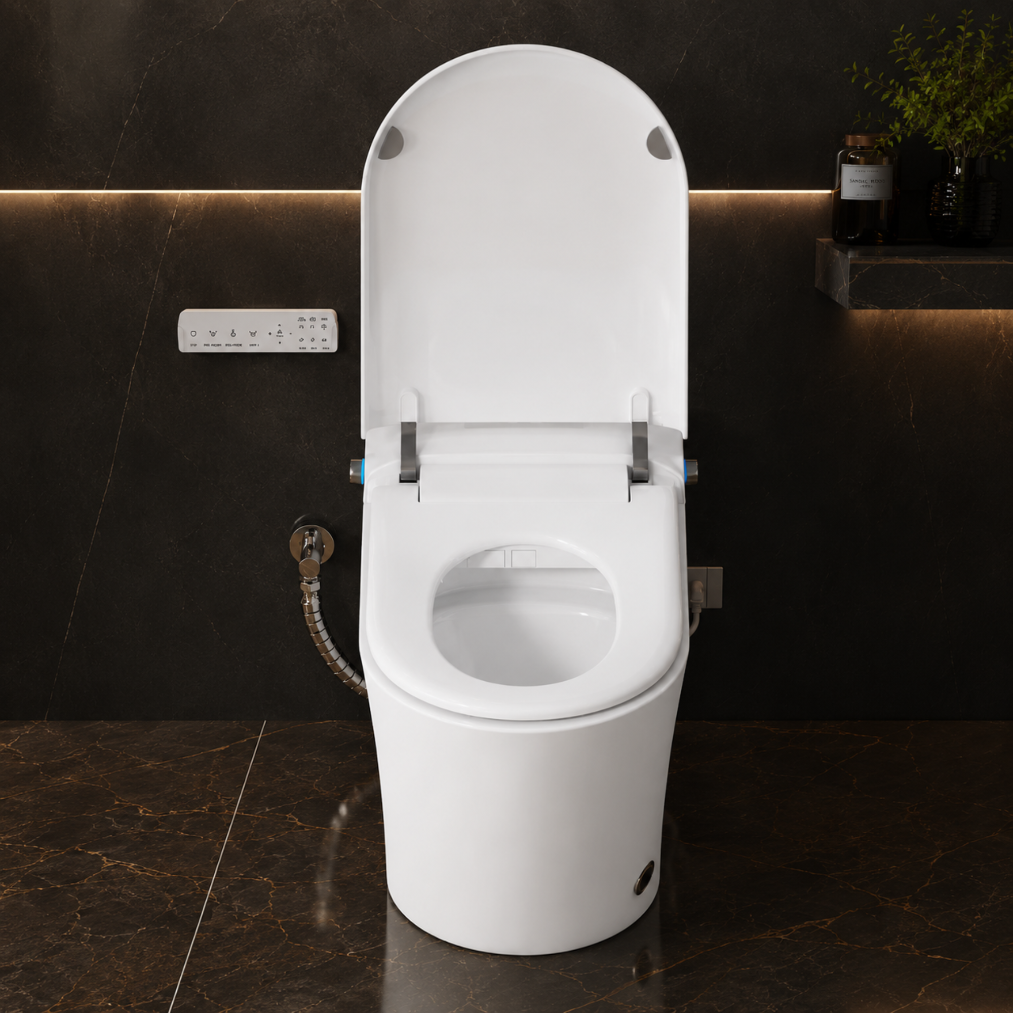 White smart toilet in a bathroom with dark tiled walls and floor.