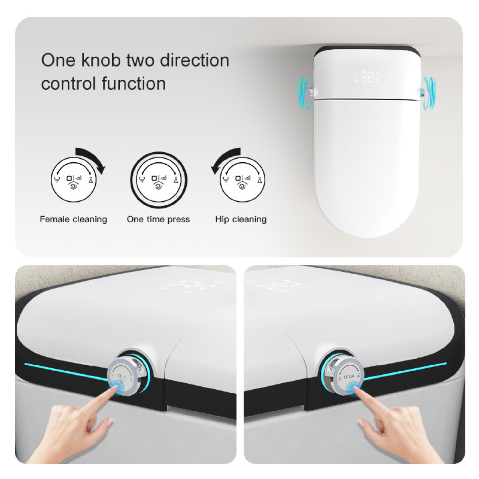 bidet smart toilet with control knobs and text explaining functions on a white background