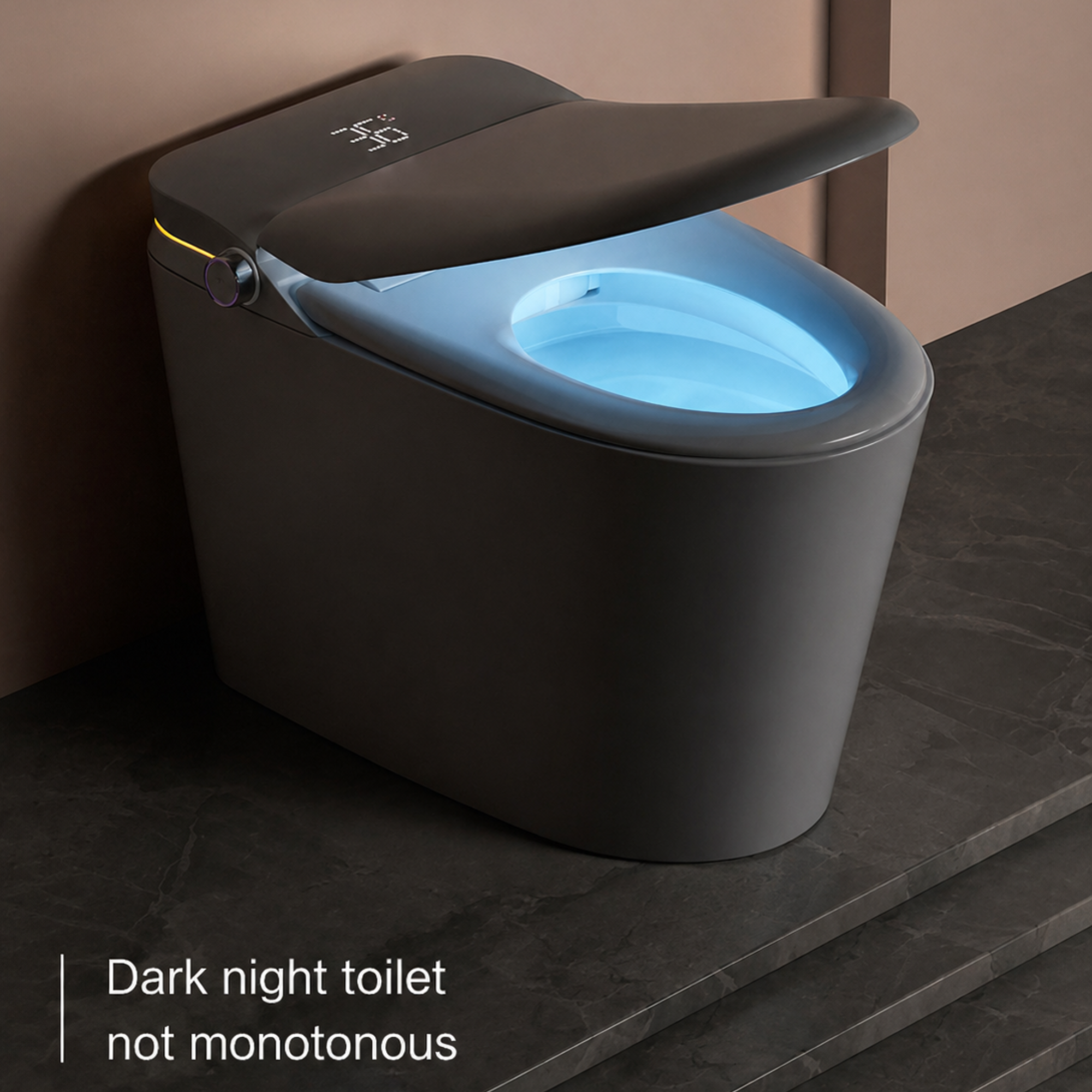 Modern black toilet with illuminated seat on a dark floor.
