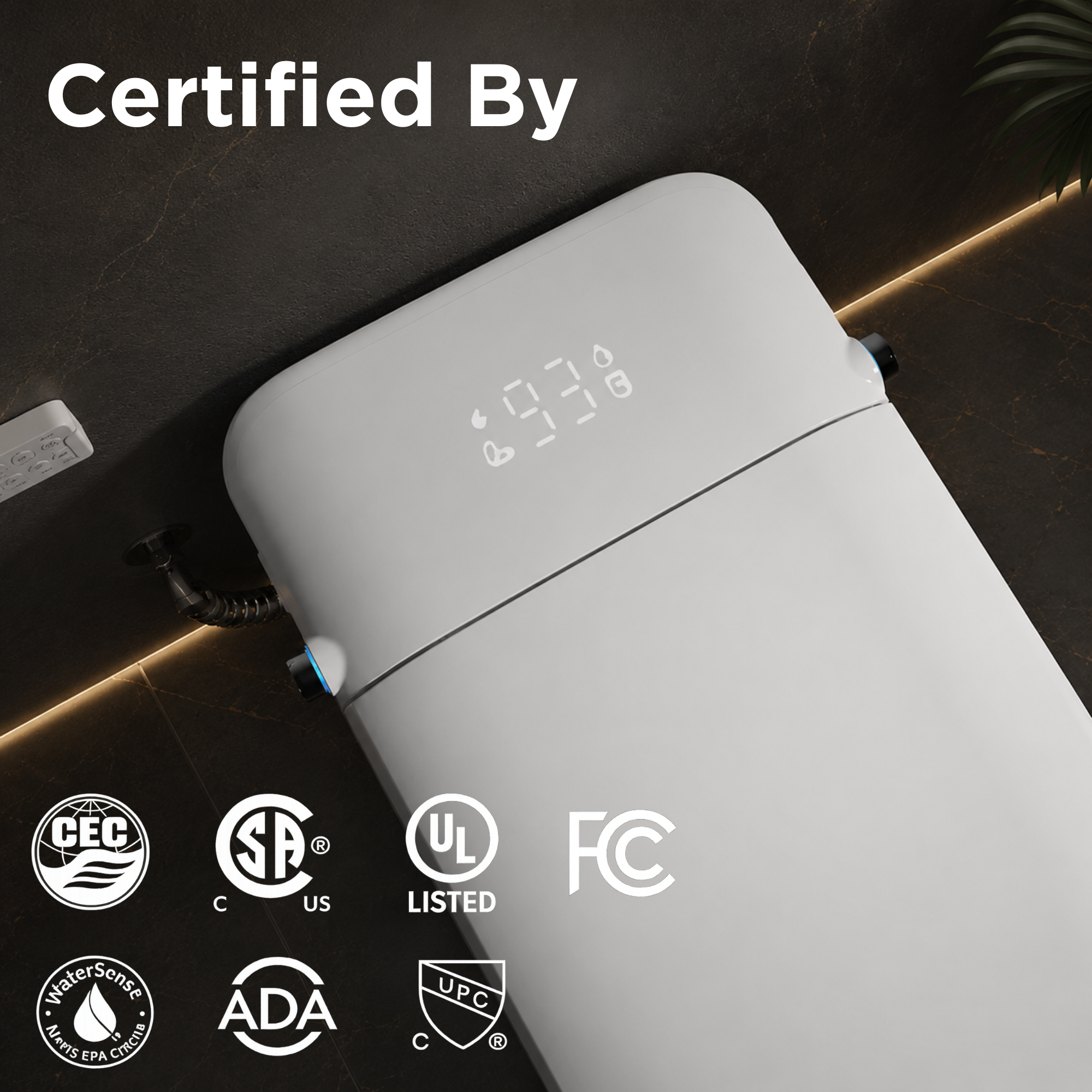 aplohome smart toilet with digital display on a dark surface, featuring certification logos.