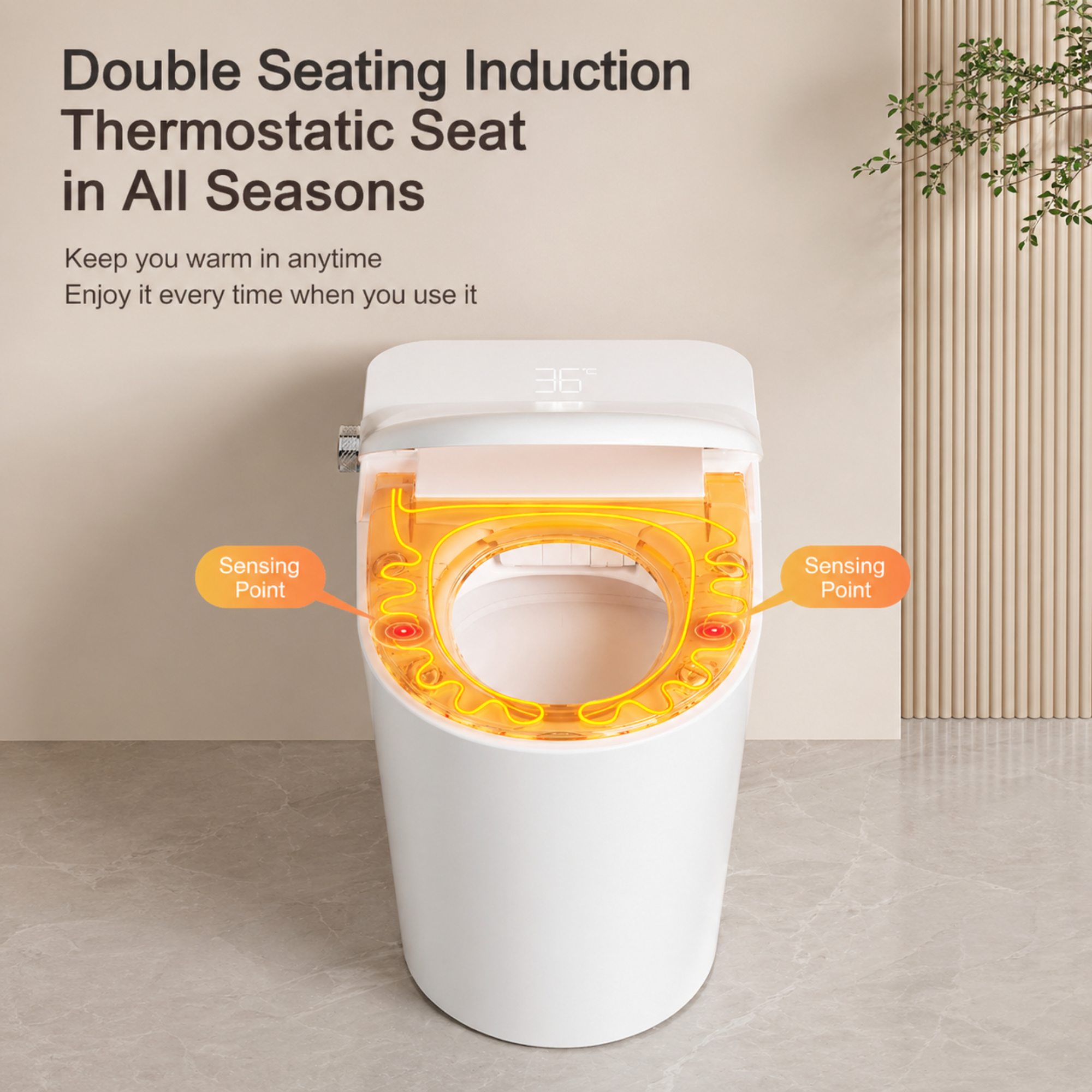 White smart toilet with heated seat feature labeled, set against a neutral background.