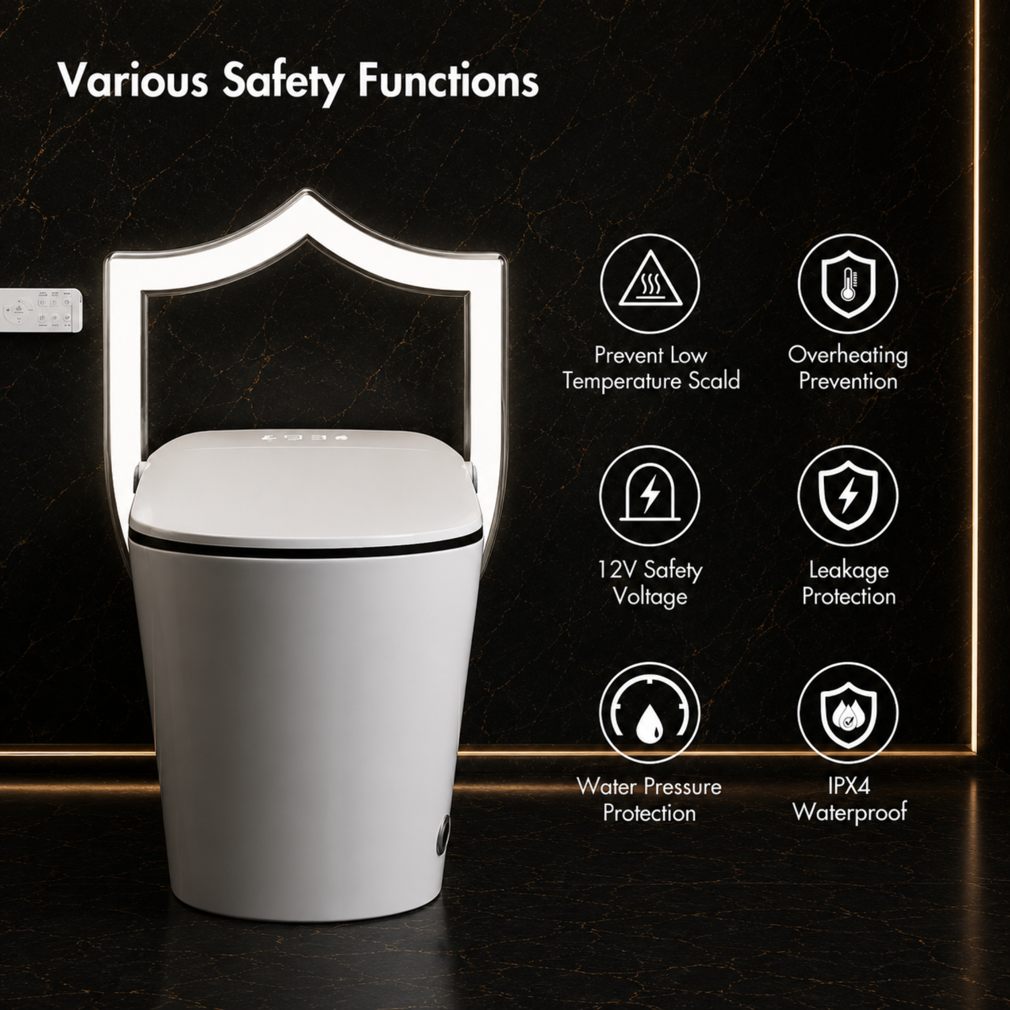 aplohome smart toilet with safety features on a dark background