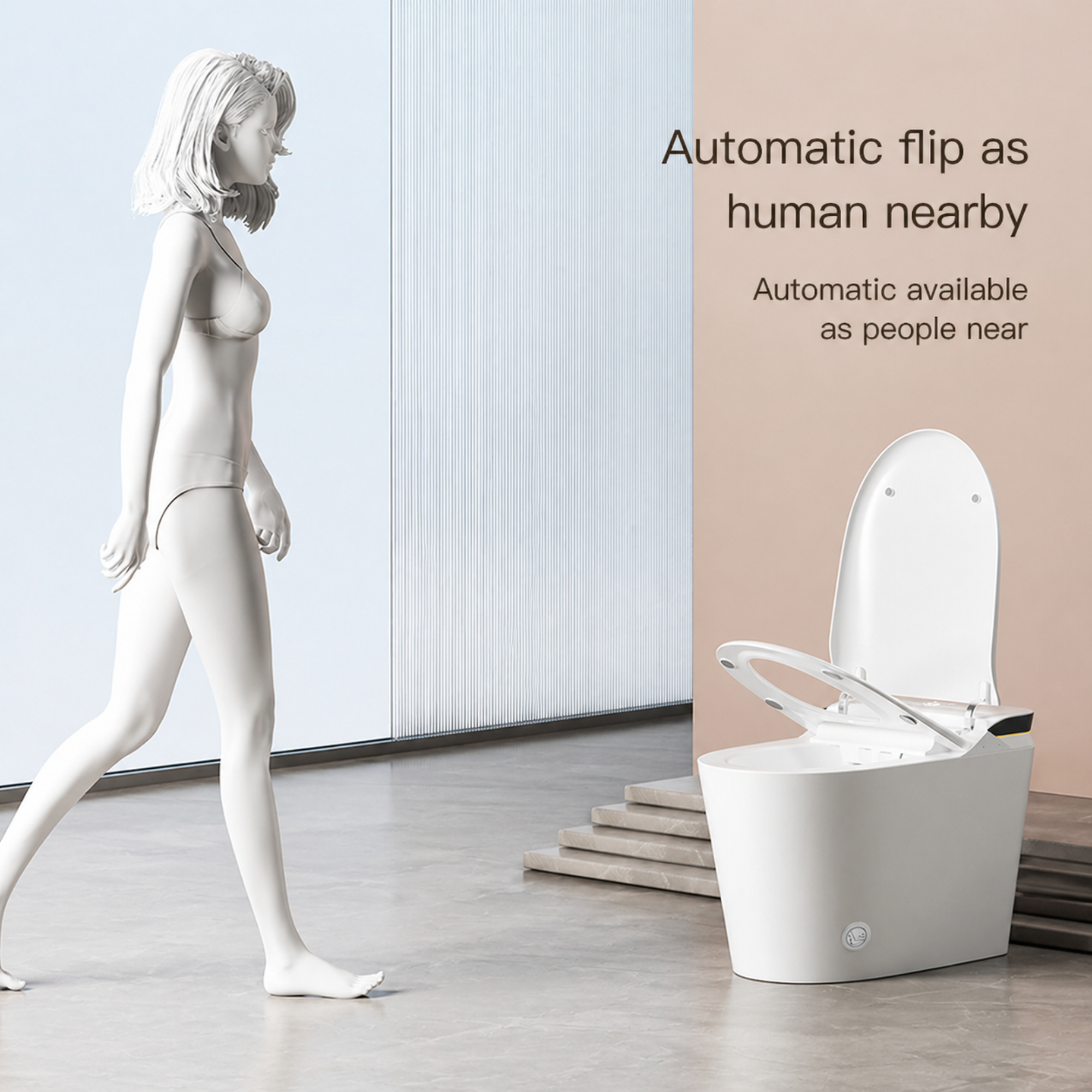 White toilet with automatic seat cover opening feature, mannequin nearby.