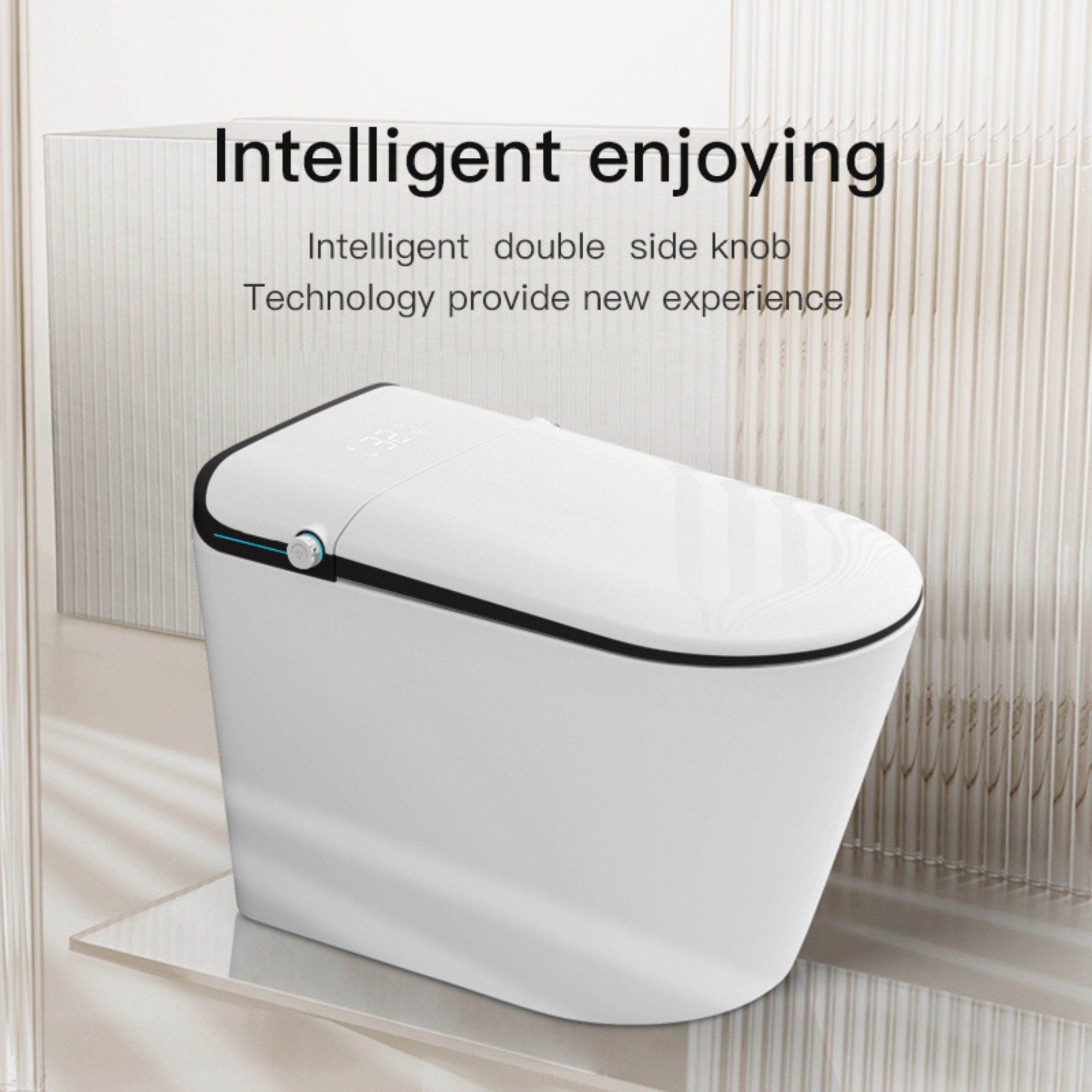 White electronic smart toilet seat on a neutral background, featuring text about intelligent design at aplohome.com