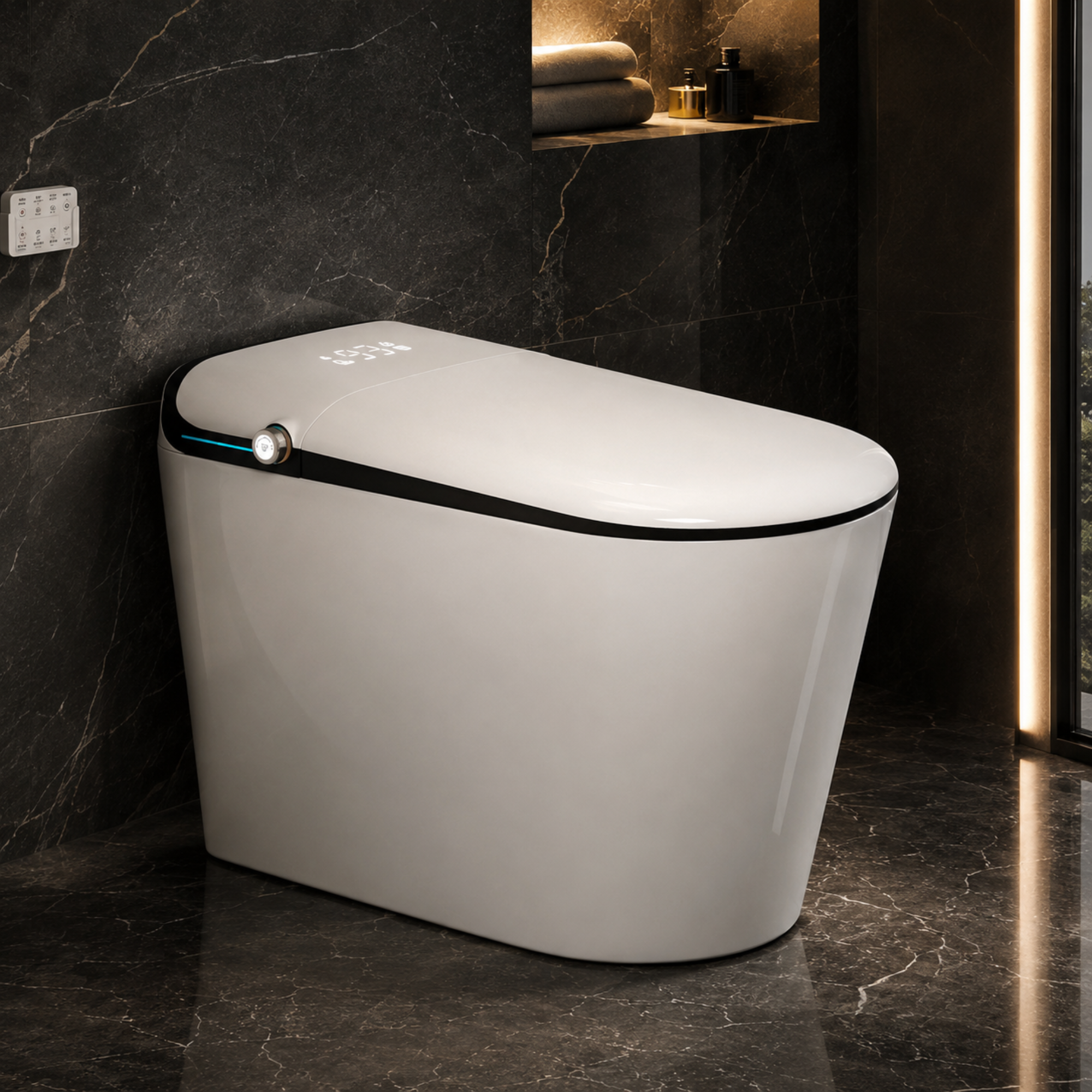 Modern white toilet bowl in a dark marble bathroom at aplohome.com