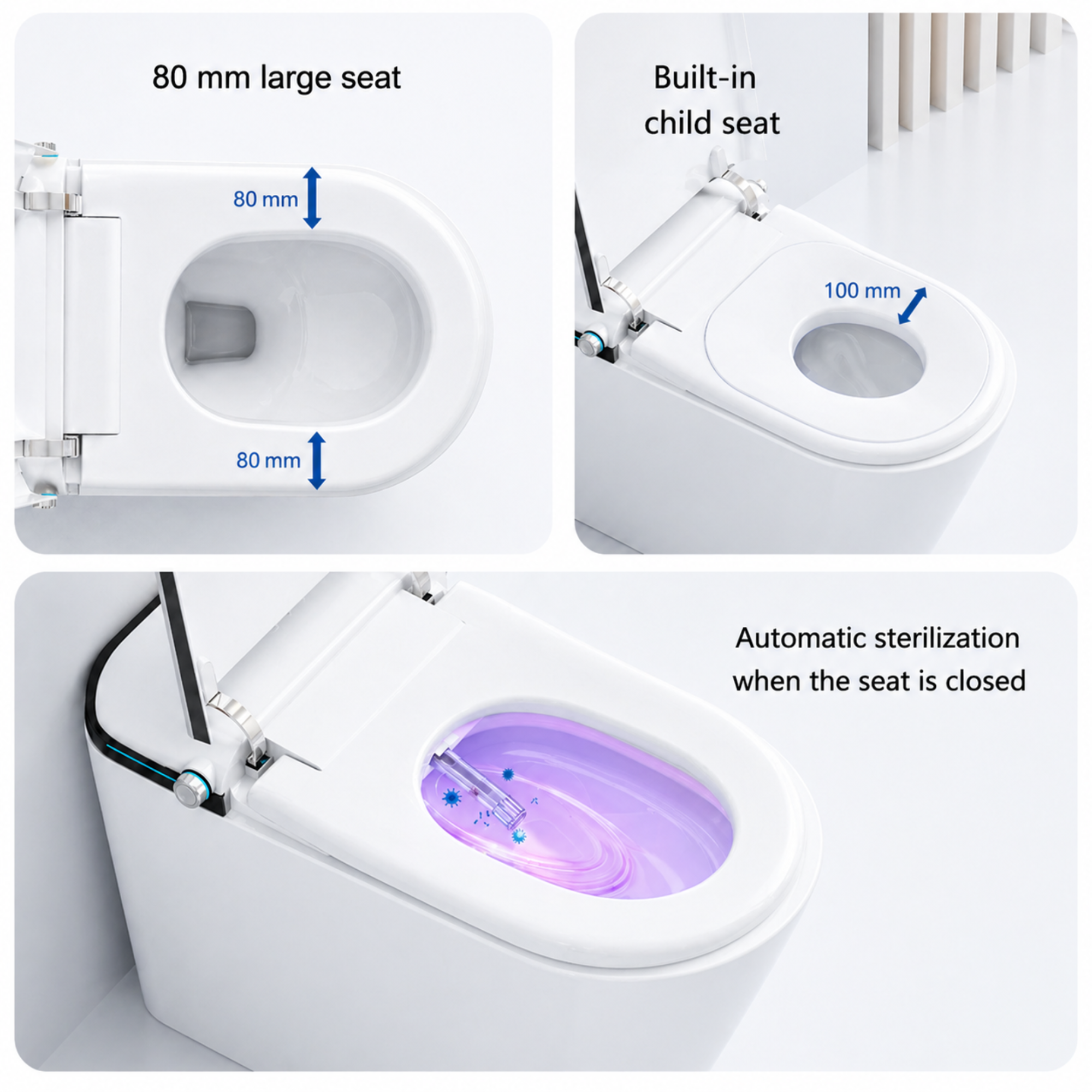Toilet seat with features highlighted, including size, child seat, and sterilization feature.
